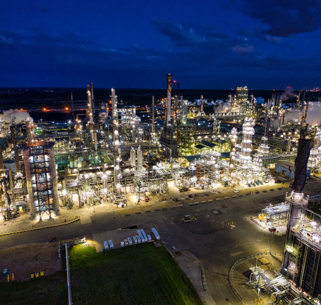 Refinery process units illuminated at night