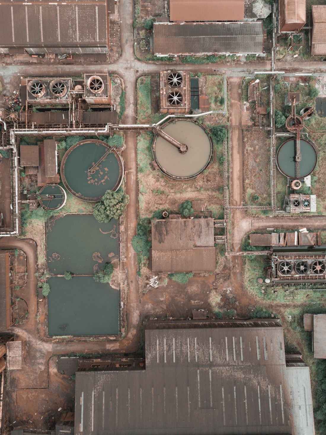 Aerial view of water treatment clarifier basins